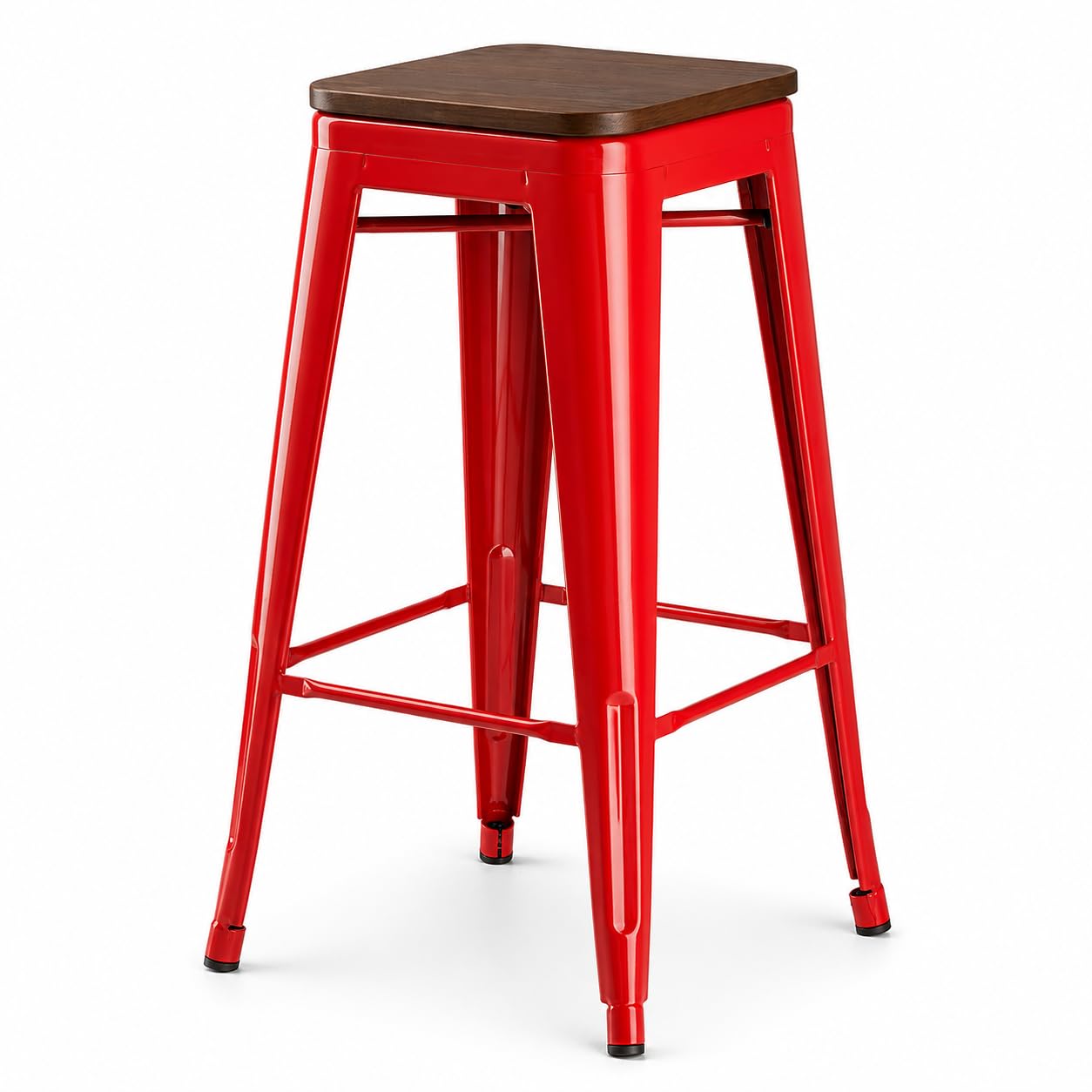 Glownary Alloy Ruby Red Indoor Backless Barstool with Walnut Wood Seat, 30.75 Inch Bar Height, 400 lb Capacity, Stackable, Steel Frame