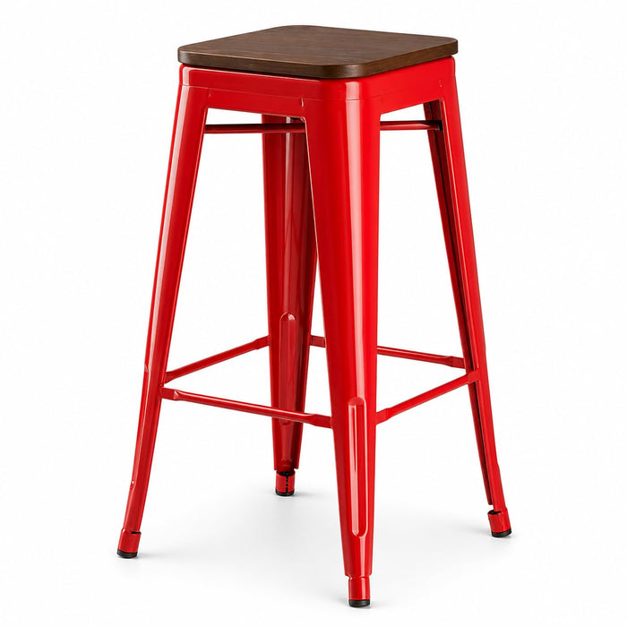 Glownary Alloy Ruby Red Indoor Backless Barstool with Walnut Wood Seat, 30.75 Inch Bar Height, 400 lb Capacity, Stackable, Steel Frame