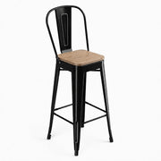 Glownary Industrial Bar Height Barstool, Onyx Black Steel Frame with Gray Wood Seat, 46.5-Inch Indoor Cafe Stool with Back Support, 400 lb Capacity