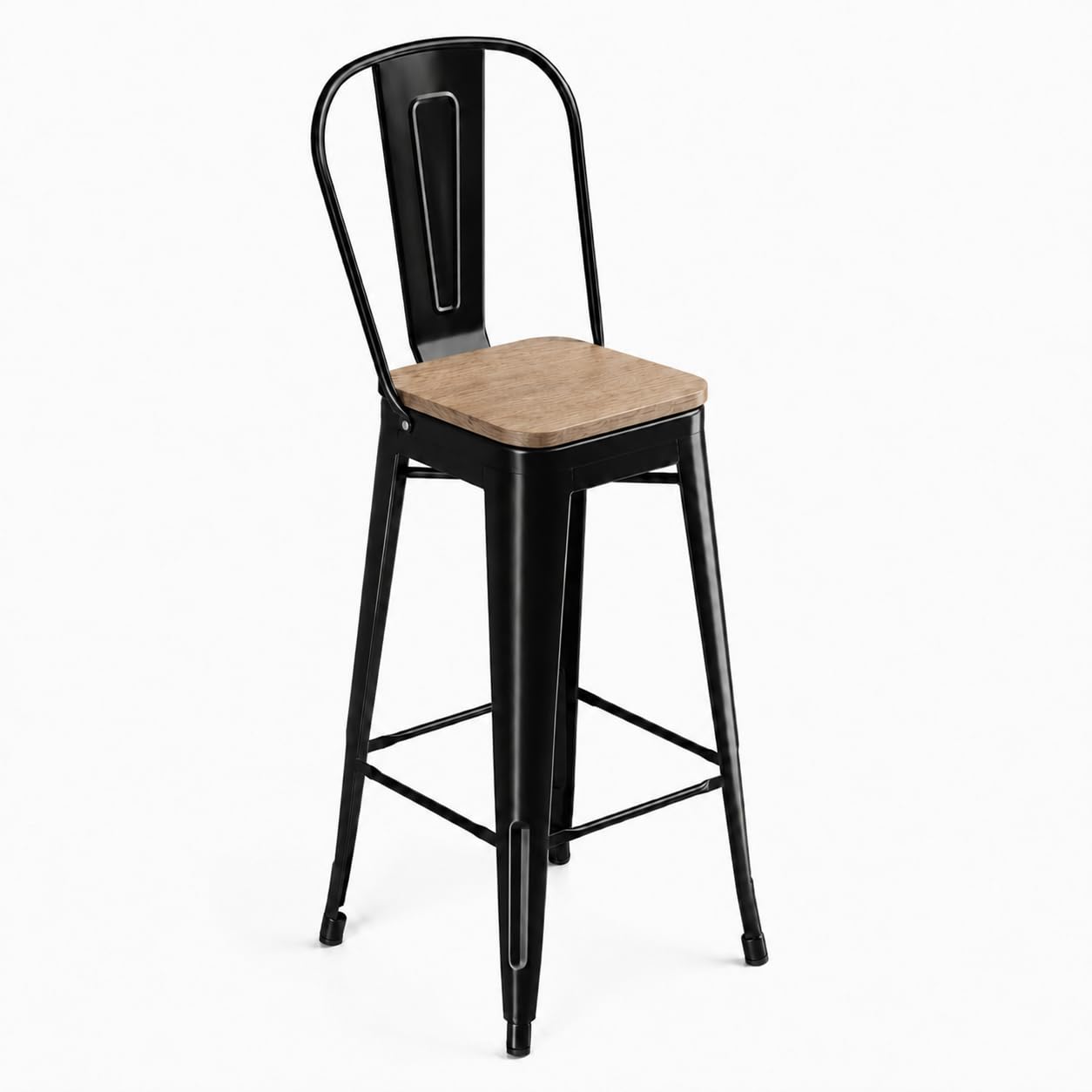 Glownary Industrial Bar Height Barstool, Onyx Black Steel Frame with Gray Wood Seat, 46.5-Inch Indoor Cafe Stool with Back Support, 400 lb Capacity