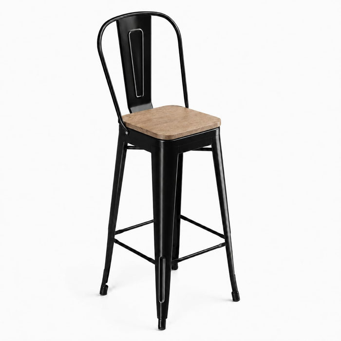 Glownary Industrial Bar Height Barstool, Onyx Black Steel Frame with Gray Wood Seat, 46.5-Inch Indoor Cafe Stool with Back Support, 400 lb Capacity