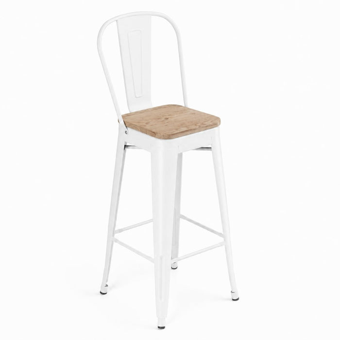 Glownary Pearl White Indoor Cafe Barstool, Steel Frame with Gray Wood Seat, 46.5-Inch Bar Height Chair, 400 lb Capacity, Modern Coastal Style