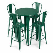 Glownary 30-Inch Round Bar Height Outdoor Table Set, Steel Construction, Emerald Green, with 4 Cafe Barstools, 42-Inch Height