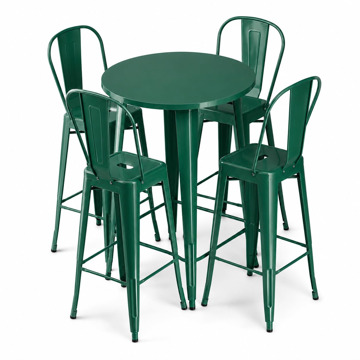 Glownary 30-Inch Round Bar Height Outdoor Table Set, Steel Construction, Emerald Green, with 4 Cafe Barstools, 42-Inch Height