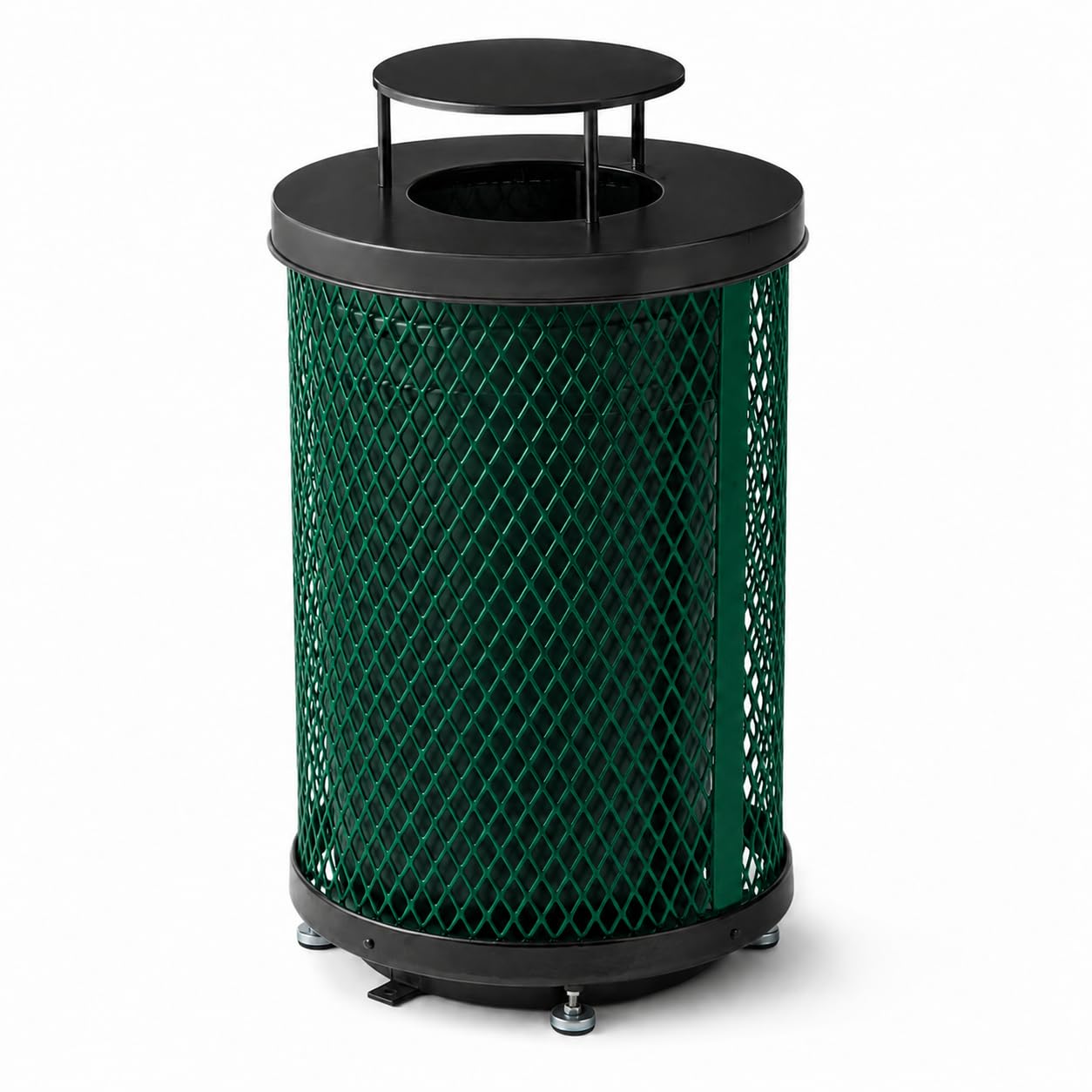 Glownary 36 Gallon Round Expanded Steel Outdoor Trash Can, Green with Rain Bonnet Lid, Heavy-Duty, 23.75 x 42.625 Inches