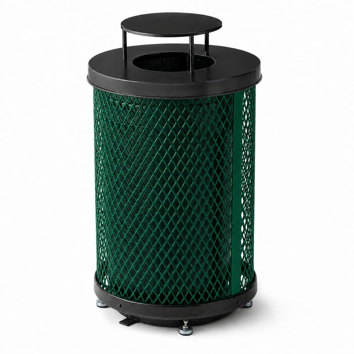 Glownary 36 Gallon Round Expanded Steel Outdoor Trash Can, Green with Rain Bonnet Lid, Heavy-Duty, 23.75 x 42.625 Inches