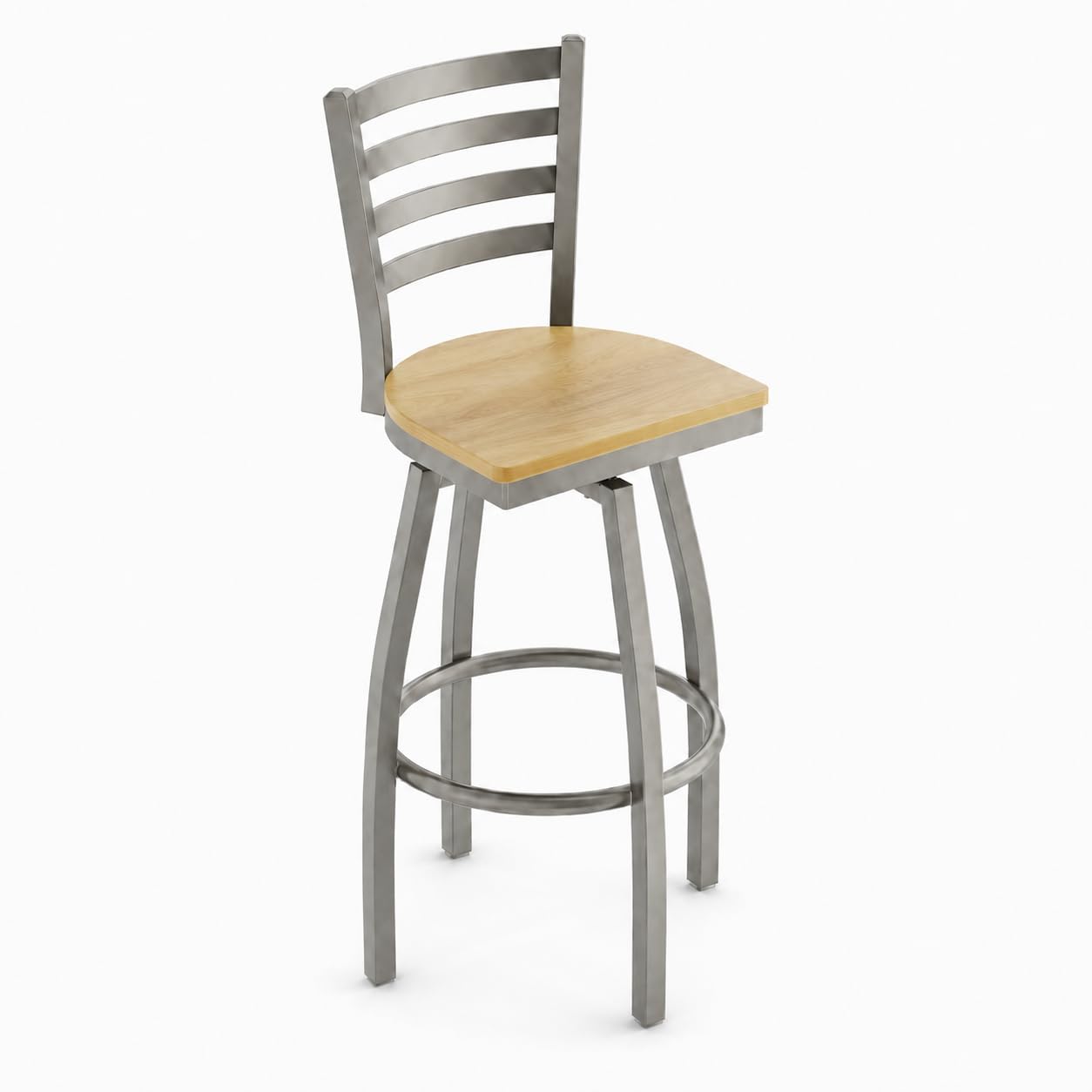 Glownary Ladder Back Swivel Bar Stool, Clear Coat Silver Metal Frame with Driftwood Wood Seat, 44.5 Inch Height, Modern Style, 330 lb Capacity