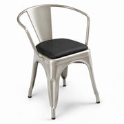 Glownary Alloy Silver Indoor Arm Chair with Black Vinyl Cushion, Stackable Metal Frame, 400 lb Capacity, 28.5 Inch Height, Clear Coat Finish, Industrial Modern Design