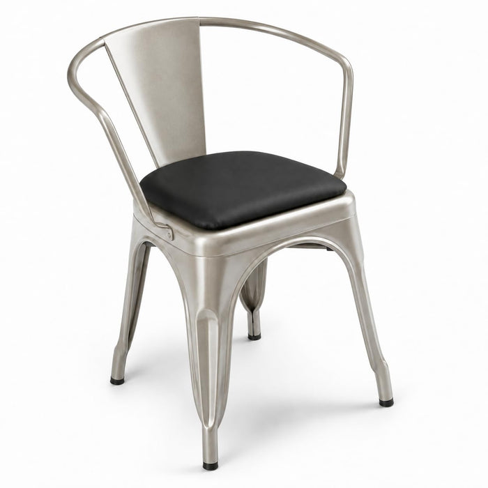 Glownary Alloy Silver Indoor Arm Chair with Black Vinyl Cushion, Stackable Metal Frame, 400 lb Capacity, 28.5 Inch Height, Clear Coat Finish, Industrial Modern Design