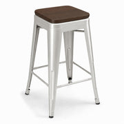 Glownary Alloy Silver Counter Height Stool, Backless Industrial Design with Walnut Wood Seat, 24.75 Inch, 400 lb Capacity, Stackable, Indoor Use