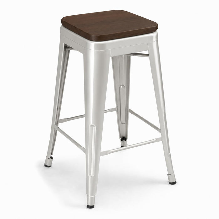 Glownary Alloy Silver Counter Height Stool, Backless Industrial Design with Walnut Wood Seat, 24.75 Inch, 400 lb Capacity, Stackable, Indoor Use