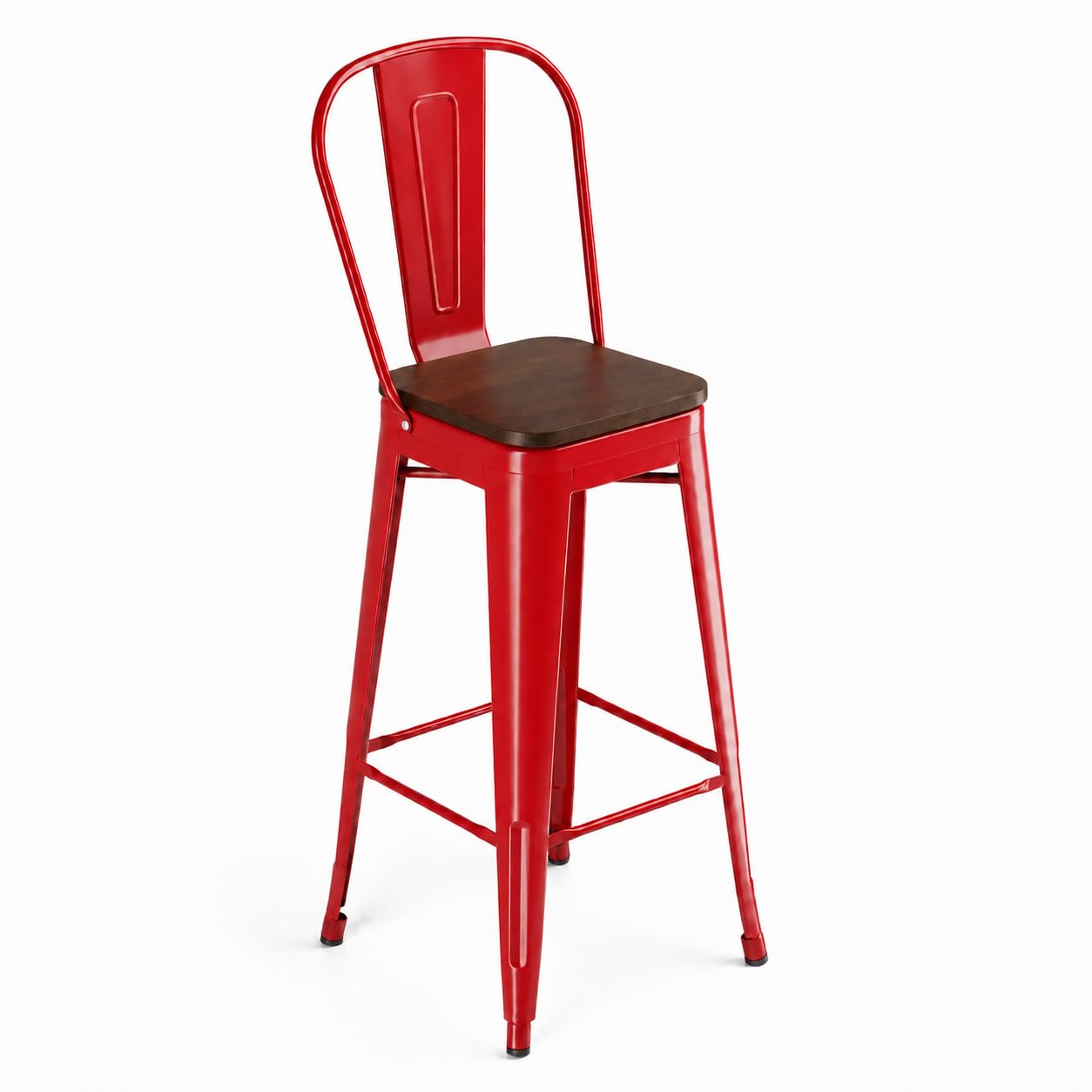 Glownary Ruby Red Metal Barstool with Walnut Wood Seat, Indoor Cafe Style, 46.5-Inch Bar Height, 400 lb Capacity, Powder-Coated Steel Frame