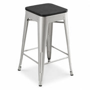 Glownary Alloy Silver Counter Height Stool with Black Wood Seat, 24.75 Inch Stackable Backless Industrial Design, 400 lb Capacity, Indoor Use