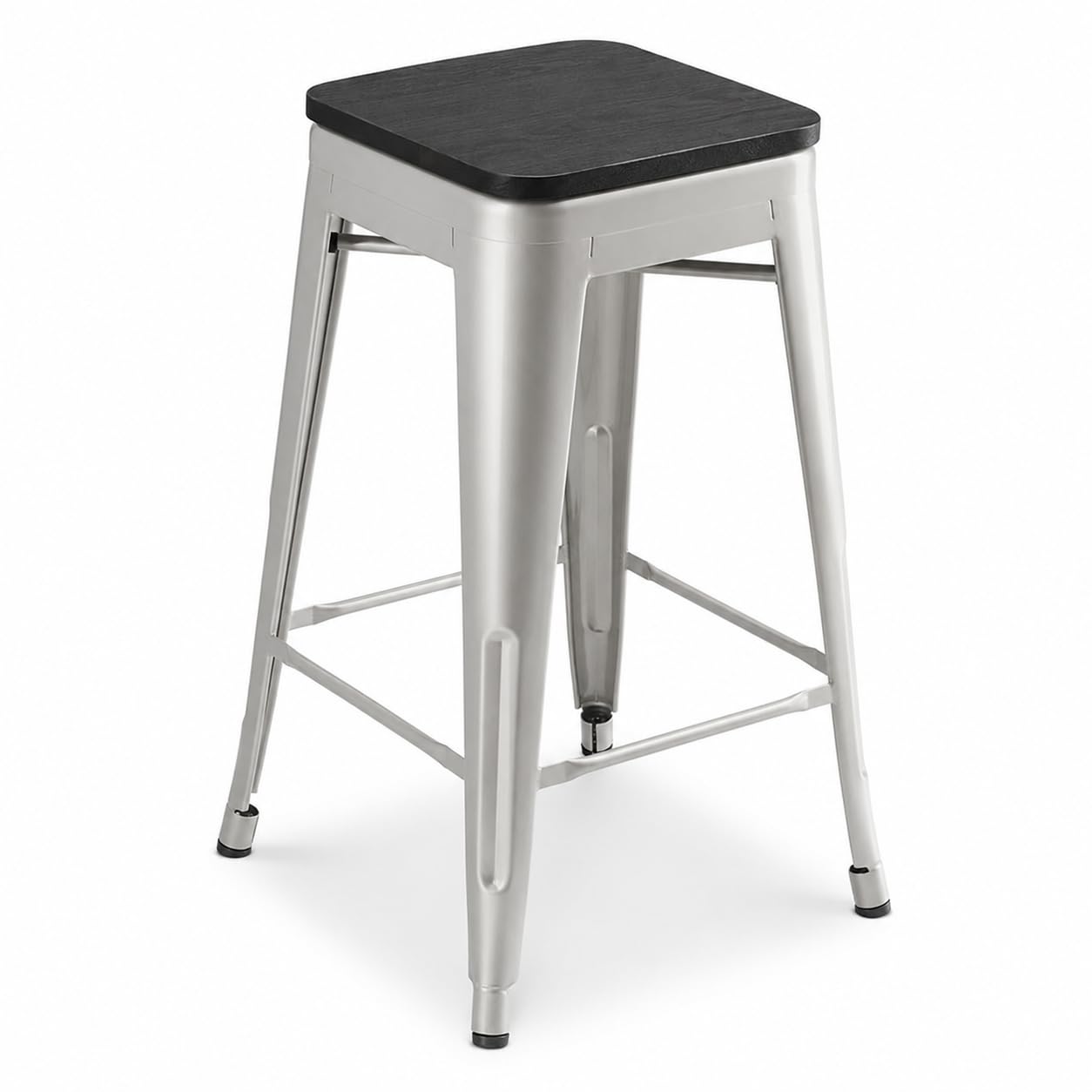 Glownary Alloy Silver Counter Height Stool with Black Wood Seat, 24.75 Inch Stackable Backless Industrial Design, 400 lb Capacity, Indoor Use