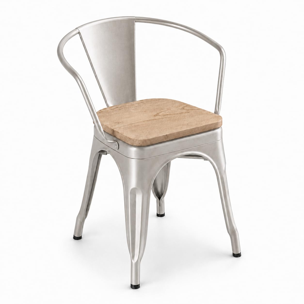 Glownary Alloy Silver Indoor Arm Chair with Gray Wood Seat, Stackable Metal Frame, 28.5 Inch Height, 400 lb Capacity, Industrial Modern Design