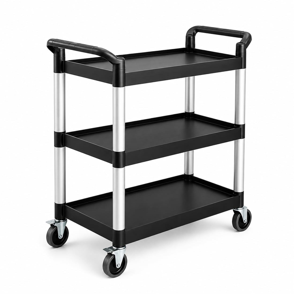 Black Plastic Utility Cart with 3 Shelves, 42 x 20 x 38 Inches, 450 lb Capacity, Swivel Casters, for Restaurant Bussing