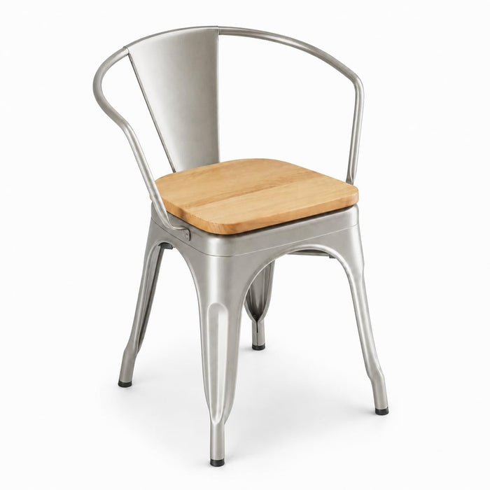 Glownary Indoor Arm Chair, Silver Alloy Frame with Natural Wood Seat, Stackable, 400 lb Capacity, Industrial Modern Design, 17.5x17x28.5 Inches