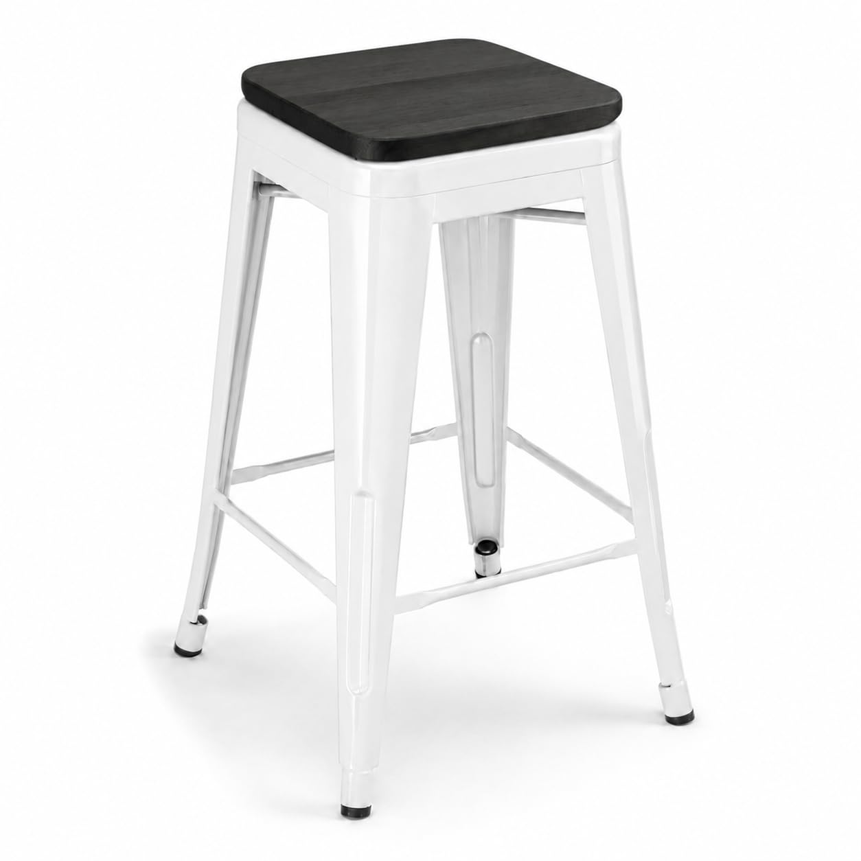 Glownary Alloy Pearl White Counter Height Stool, Metal Frame with Black Wood Seat, Stackable, Backless, 24.75 Inch, Indoor Use, 400 lb Capacity