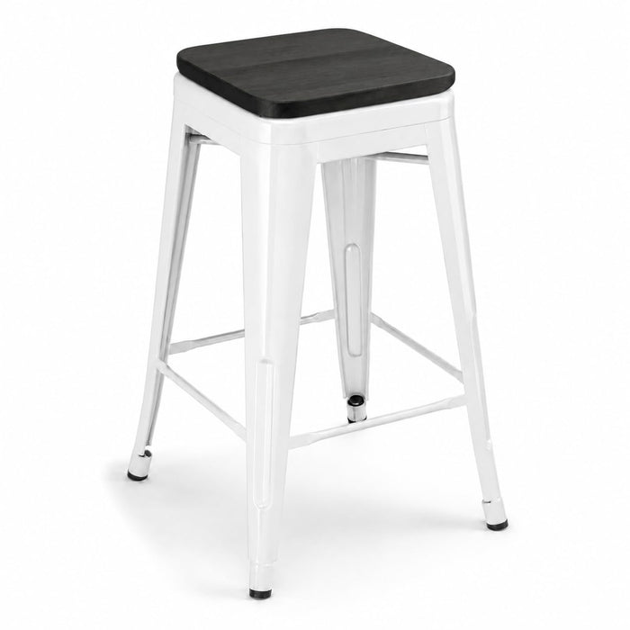Glownary Alloy Pearl White Counter Height Stool, Metal Frame with Black Wood Seat, Stackable, Backless, 24.75 Inch, Indoor Use, 400 lb Capacity