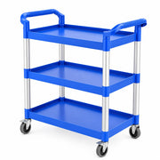 Blue Plastic Utility Cart with 3 Shelves, 42 x 20 Inches, 450 lb Capacity, Swivel Casters, for Restaurant Bussing and Commercial Use