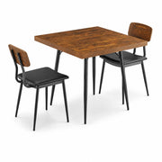 Glownary Mid-Century Square Dining Table Set with 2 Black Vinyl Chairs, 36-Inch Butcher Block Top, Vintage Wood Finish, Standard Height