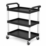 Black 3-Shelf Utility Bus Cart, Plastic Construction, 32 x 16 Inches, 300 lb Capacity, with Swivel Casters, Medium Duty Commercial