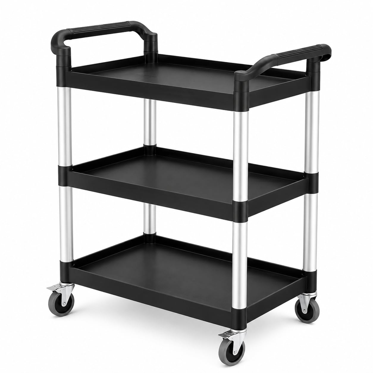 Black 3-Shelf Utility Bus Cart, Plastic Construction, 32 x 16 Inches, 300 lb Capacity, with Swivel Casters, Medium Duty Commercial