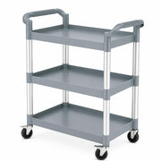 Gray Plastic Utility Bus Cart with 3 Shelves, 32 x 16 Inches, 300 lb Capacity, Swivel Casters, Medium Duty Commercial Restaurant Cart