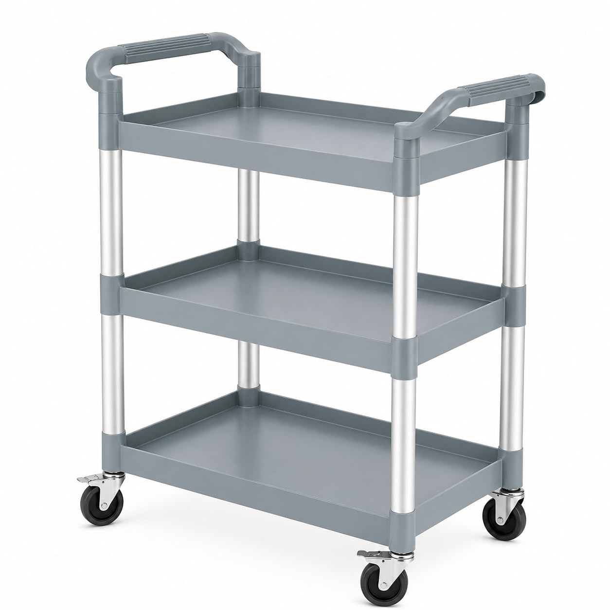 Gray Plastic Utility Bus Cart with 3 Shelves, 32 x 16 Inches, 300 lb Capacity, Swivel Casters, Medium Duty Commercial Restaurant Cart