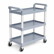 Gray Plastic Utility Cart with 3 Shelves, 42 x 20 Inch, 450 lb Capacity, Swivel Casters, for Restaurant Bussing and Commercial Use