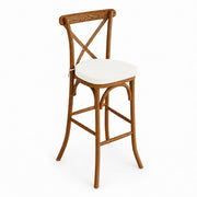 Glownary Vineyard Cross Back Bar Stool, Barrel Brown Wood with White Linen Cushion, 46" H x 20.5" W, 300 lb Capacity, Indoor Use, Stackable