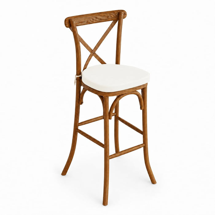 Glownary Vineyard Cross Back Bar Stool, Barrel Brown Wood with White Linen Cushion, 46" H x 20.5" W, 300 lb Capacity, Indoor Use, Stackable