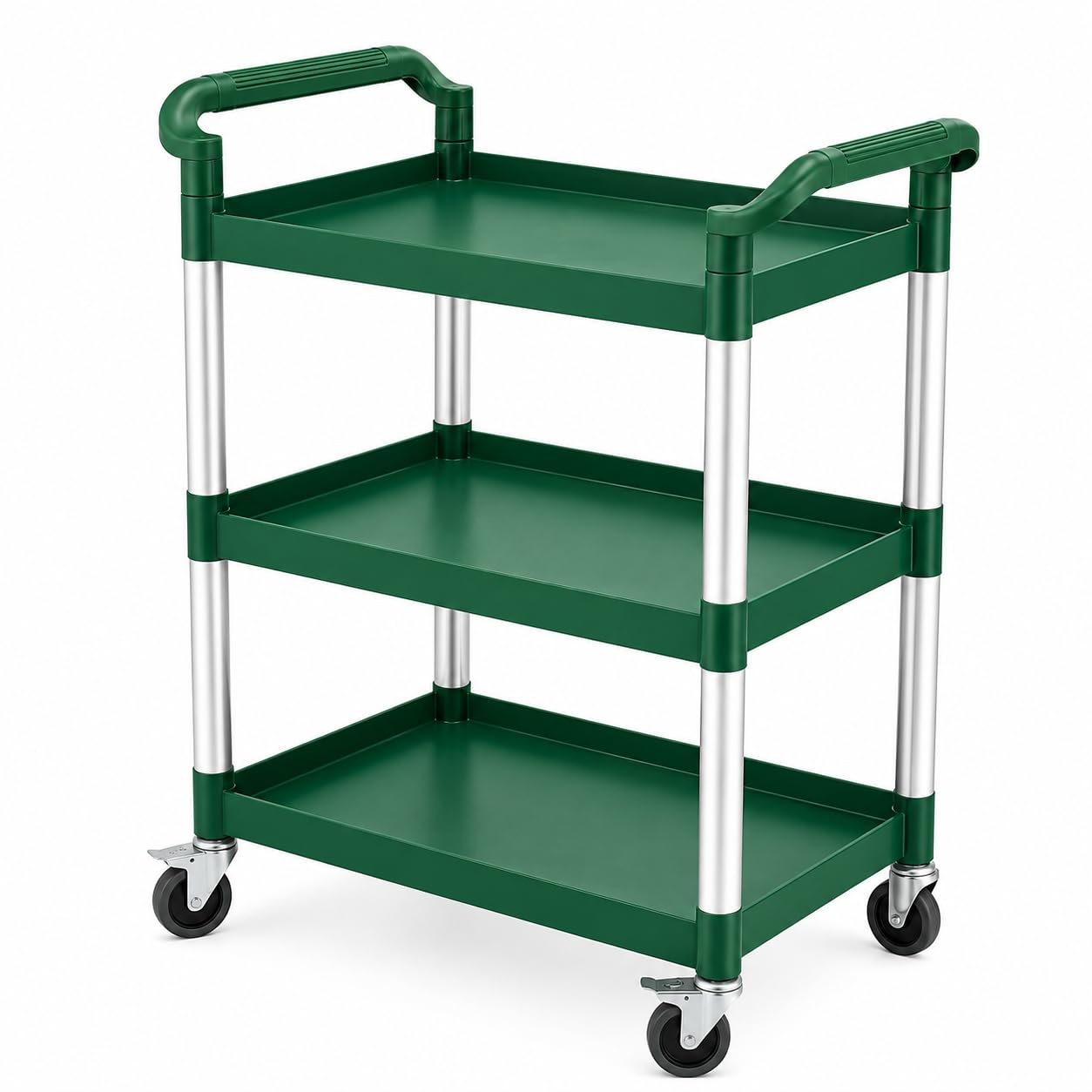 3-Shelf Plastic Utility Bus Cart, Green, 32 x 16 Inches, 300 lb Capacity, with Swivel Casters, Dual Handles