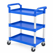 Blue Plastic Utility Bus Cart, 3 Shelves, 32 x 16 Inches, 300 lb Capacity, with Swivel Casters, for Restaurant and Commercial Use