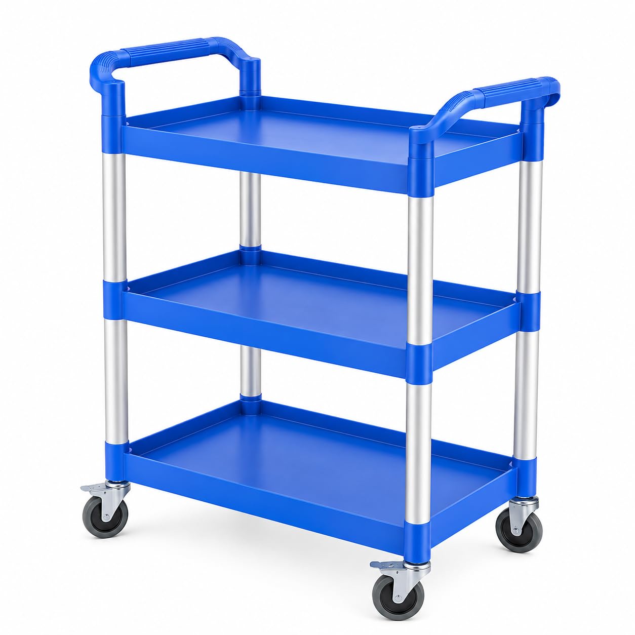 Blue Plastic Utility Bus Cart, 3 Shelves, 32 x 16 Inches, 300 lb Capacity, with Swivel Casters, for Restaurant and Commercial Use