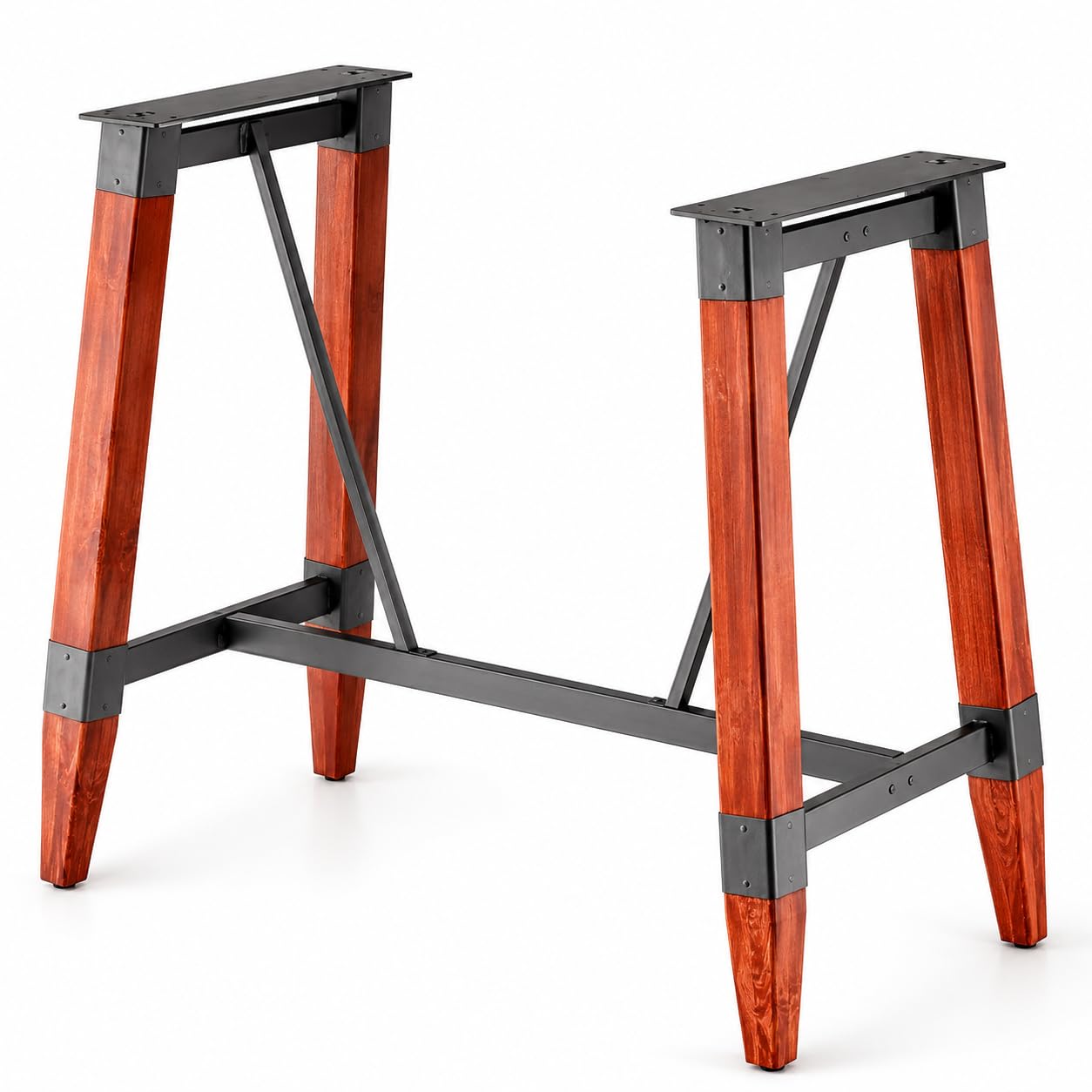 Glownary Industrial Rustic Bar Height Table Base, Mahogany Wood and Steel Trestle Design, 45.8x28.2x40.7 Inches, 300 lb Capacity, Brown with Adjustable Feet