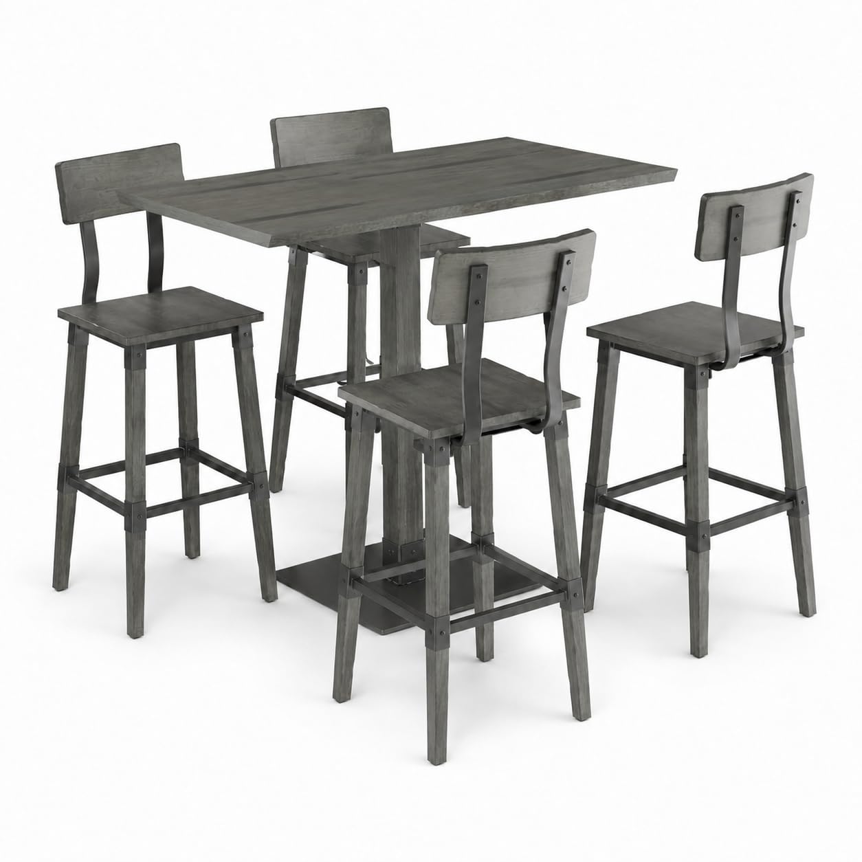 Glownary Industrial 5-Piece Bar Height Dining Set, 30" x 48" Slate Gray Live Edge Wood Table with 4 Bar Stools, Beechwood and Steel Construction