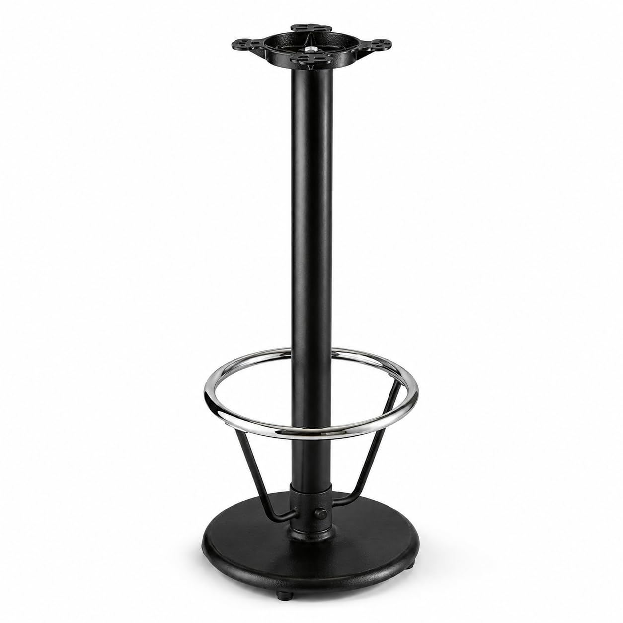 Glownary Cast Iron Bar Height Table Base, 17 Inch Round, Black Powder Coated Steel with Chrome Footrest, Self-Leveling Feet, Indoor Use