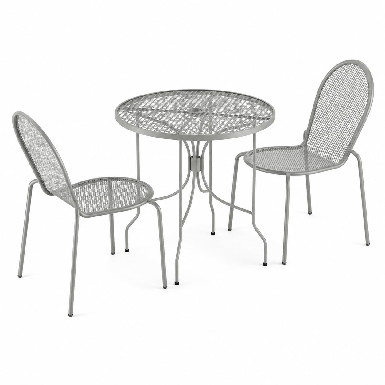 Glownary Harbor Gray Round Outdoor Dining Set with 30-Inch Mesh Table, 2 Stackable Steel Chairs, Powder-Coated Finish, Ornate Legs