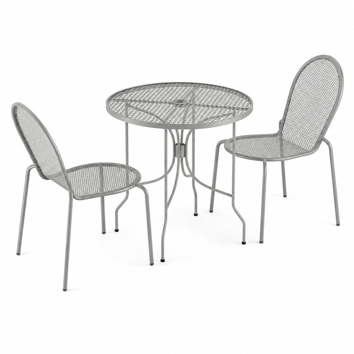 Glownary Harbor Gray Round Outdoor Dining Set with 30-Inch Mesh Table, 2 Stackable Steel Chairs, Powder-Coated Finish, Ornate Legs