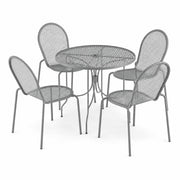 Glownary Harbor Gray 36-Inch Round Outdoor Dining Set with Steel Mesh Table, 4 Stackable Side Chairs, Ornate Legs, Powder-Coated Finish