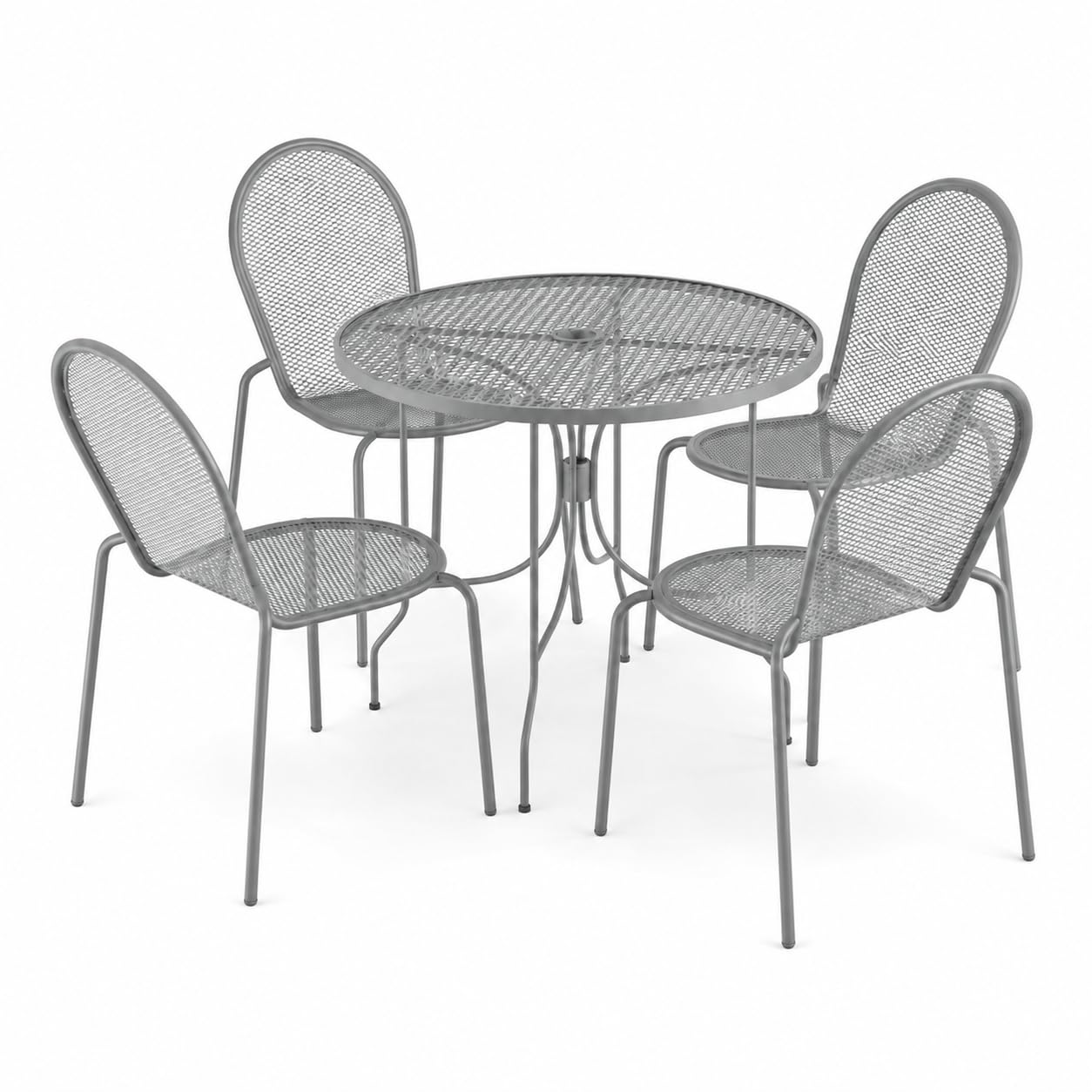 Glownary Harbor Gray 36-Inch Round Outdoor Dining Set with Steel Mesh Table, 4 Stackable Side Chairs, Ornate Legs, Powder-Coated Finish