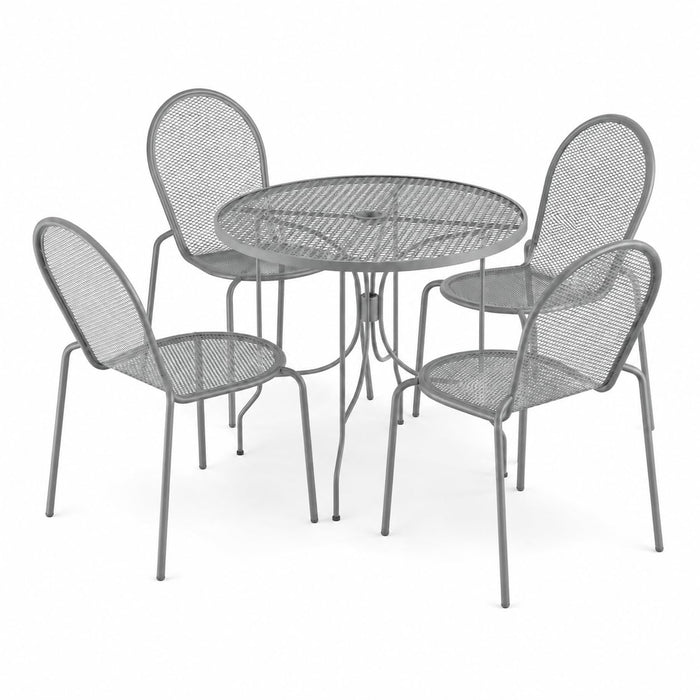 Glownary Harbor Gray 36-Inch Round Outdoor Dining Set with Steel Mesh Table, 4 Stackable Side Chairs, Ornate Legs, Powder-Coated Finish