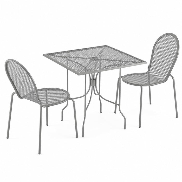 Glownary Harbor Gray 30-Inch Square Outdoor Dining Set, Steel Mesh Table with 2 Stackable Side Chairs, Powder-Coated Finish, Standard Height, Umbrella Hole