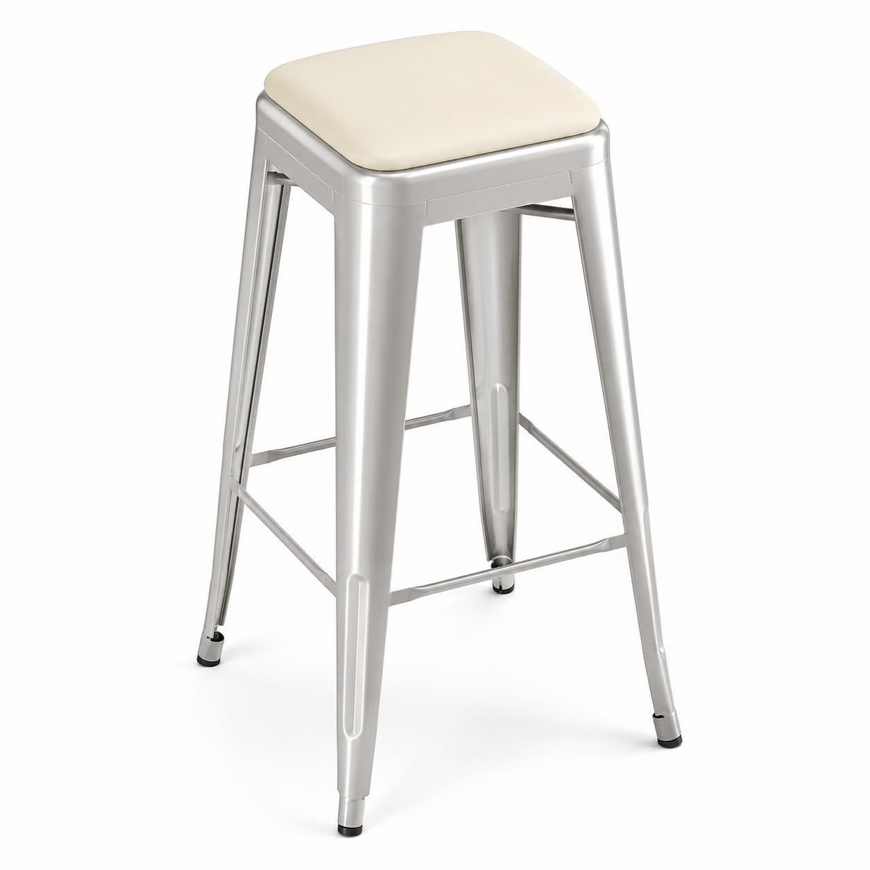 Glownary Alloy Silver Indoor Backless Barstool with White Vinyl Cushion, 30 Inch Bar Height, 400 lb Capacity, Stackable Steel Frame
