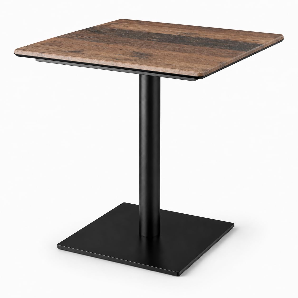 Glownary Excalibur 28-Inch Square Table, Textured Farmhouse Wood Finish, Black Steel Base, Indoor Outdoor Commercial Use, Standard Height, 2-4 Seating