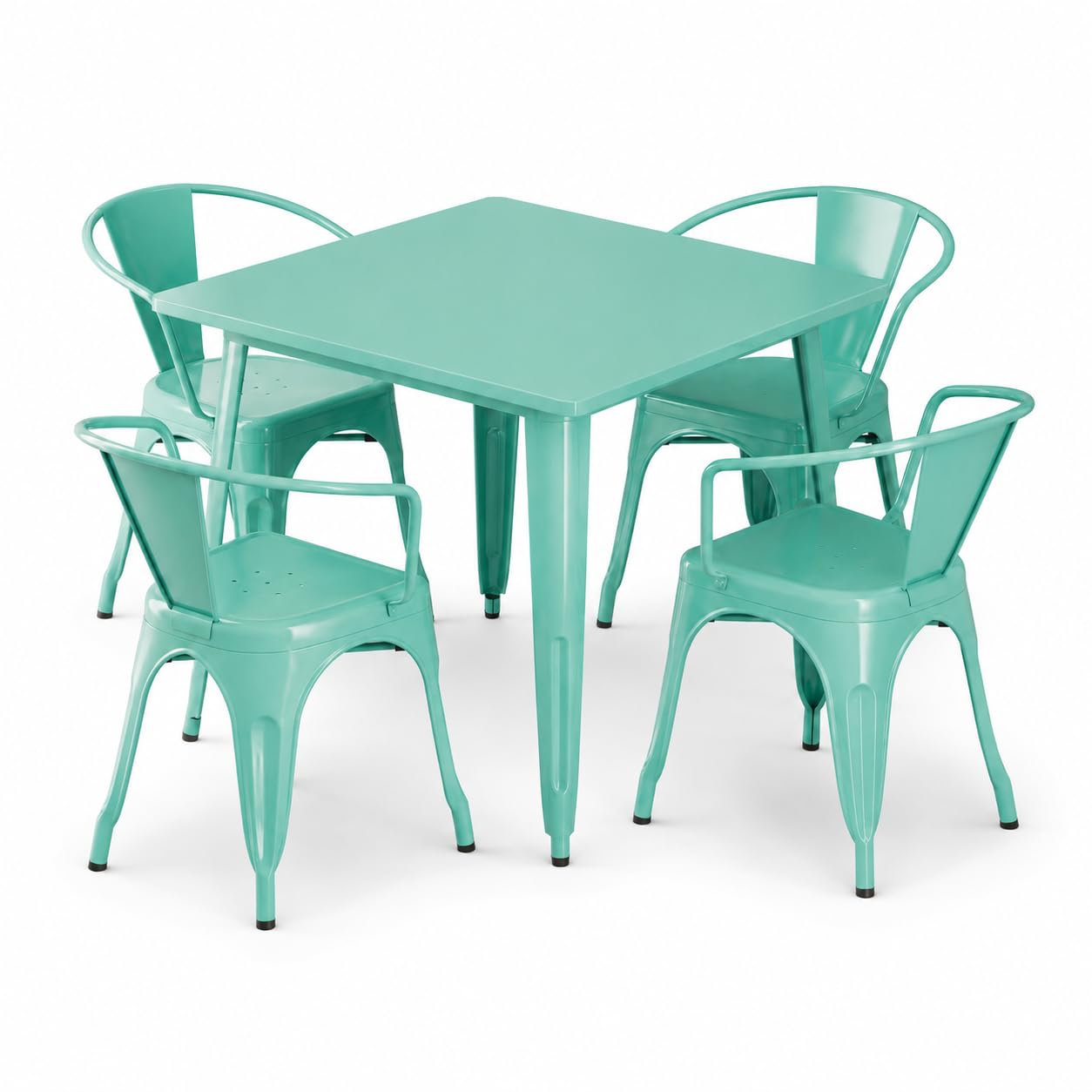 Glownary Alloy 35.5-Inch Square Outdoor Dining Set, Steel Construction, Aquamarine, 4 Stackable Arm Chairs, Standard Height, Indoor/Outdoor Use