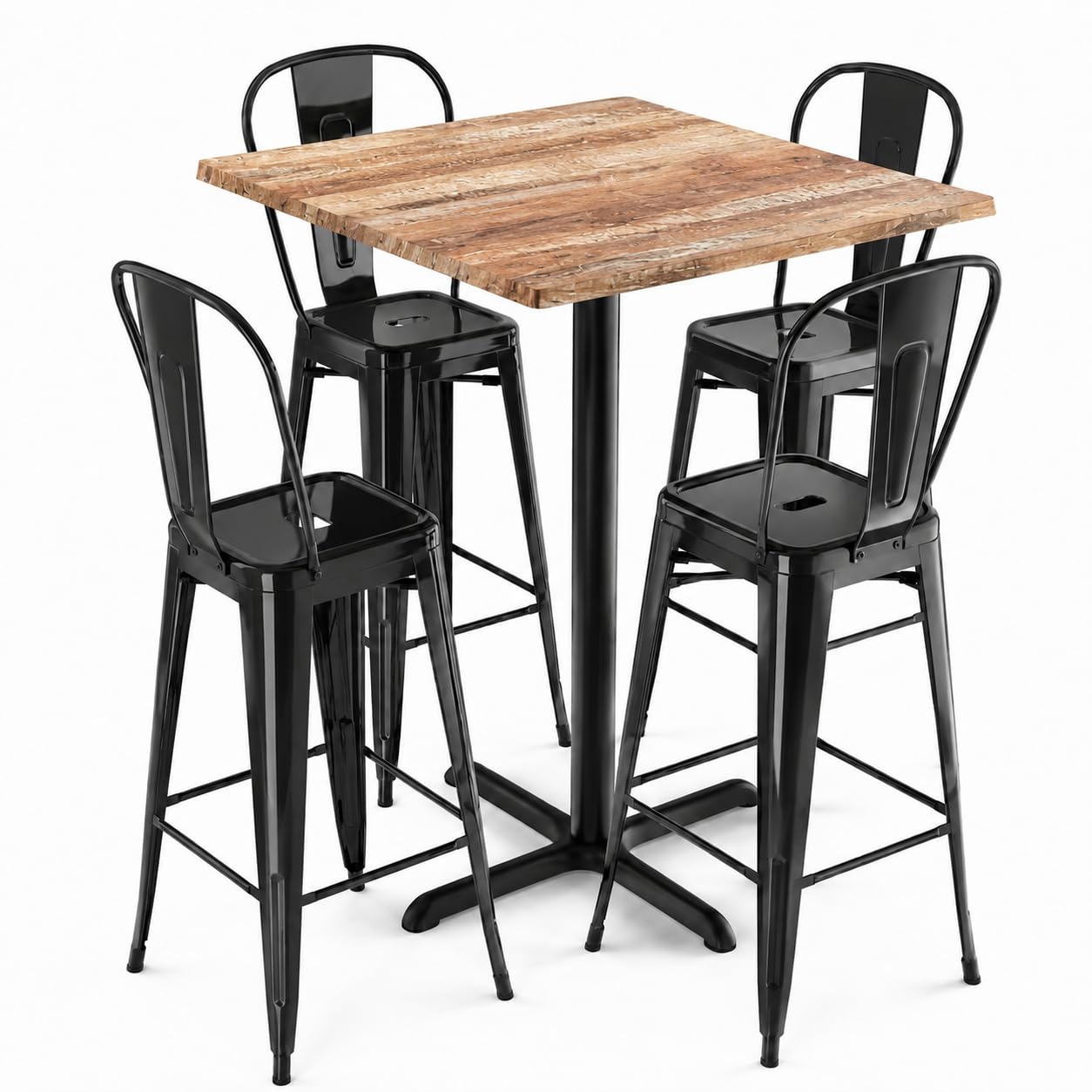 Glownary 36-Inch Square Bar Height Table Set with 4 Black Steel Barstools, Yukon Oak Textured Top, Indoor Outdoor Use, 42-Inch Height