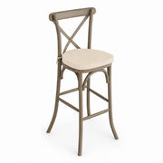 Glownary Vineyard Cross Back Bar Stool, Whiskey Brown Ashwood, 46" Height with 2" Chardonnay Tan Linen Cushion, Stackable, Indoor Use