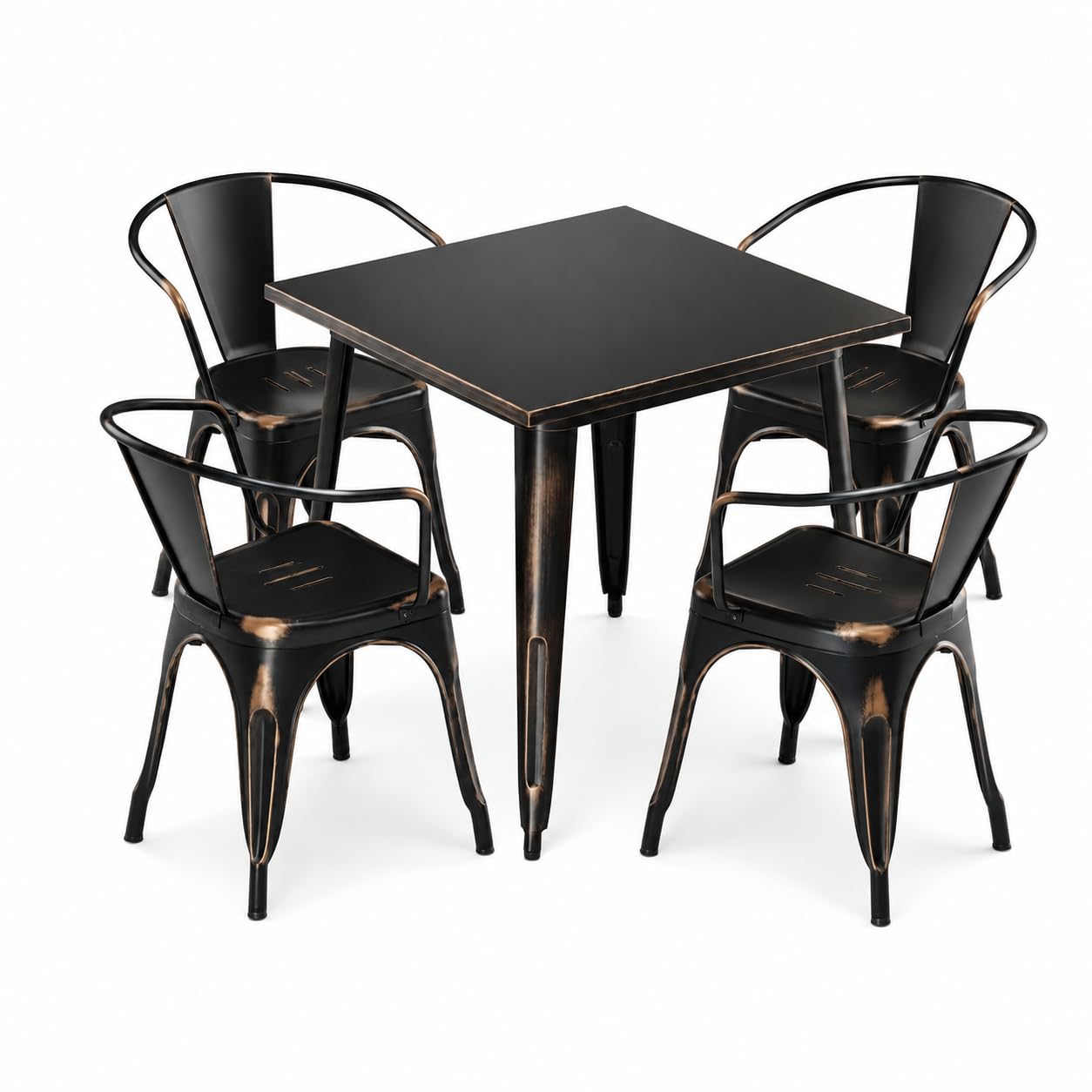 Glownary Alloy 31.5-Inch Square Steel Outdoor Dining Set with 4 Arm Chairs, Distressed Copper, Stackable